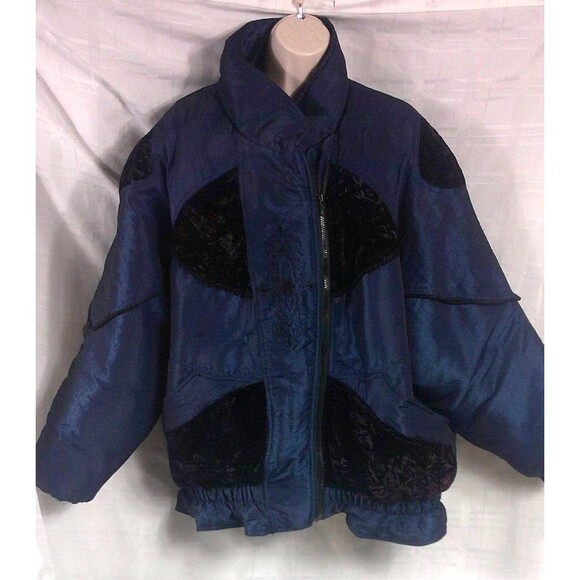 Vintage G4000 Navy Blue Puffer Coat Jacket Quilt Lined Embroidered Ladies Large - Picture 2 of 8